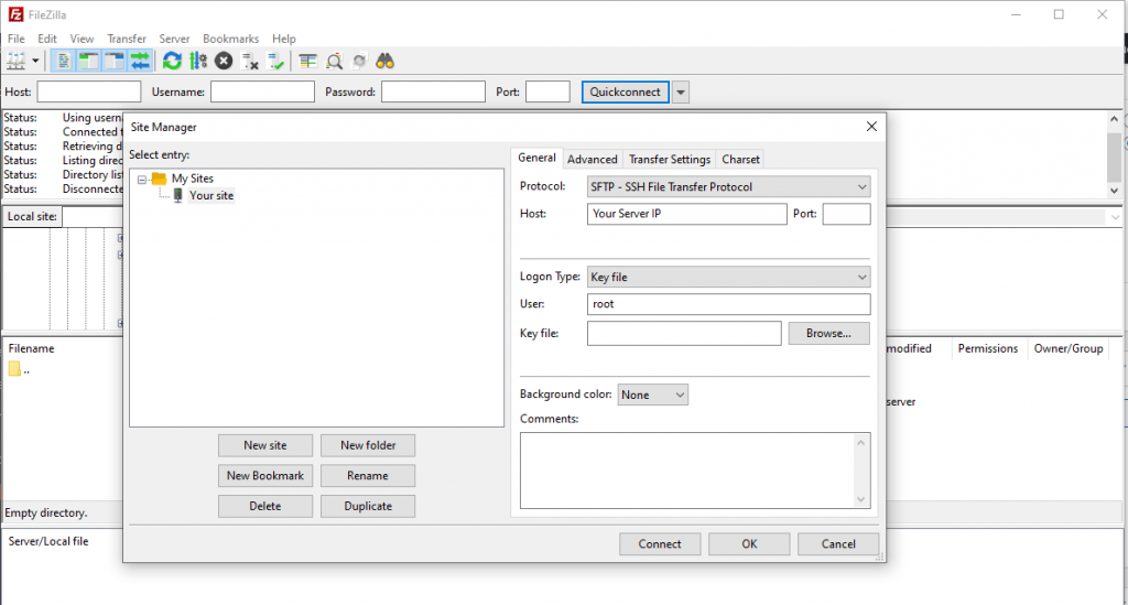 conect to server using FTP