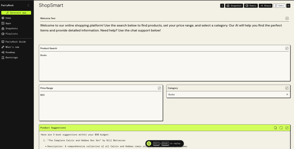 A 'ShopSmart' AI shopping app in PartyRock suggests books for a $50 budget.
