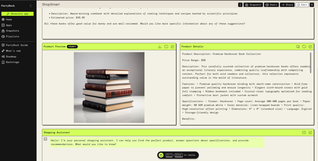 A 'ShopSmart' AI shopping app in PartyRock shows book recommendations with images and details for a $50 budget.