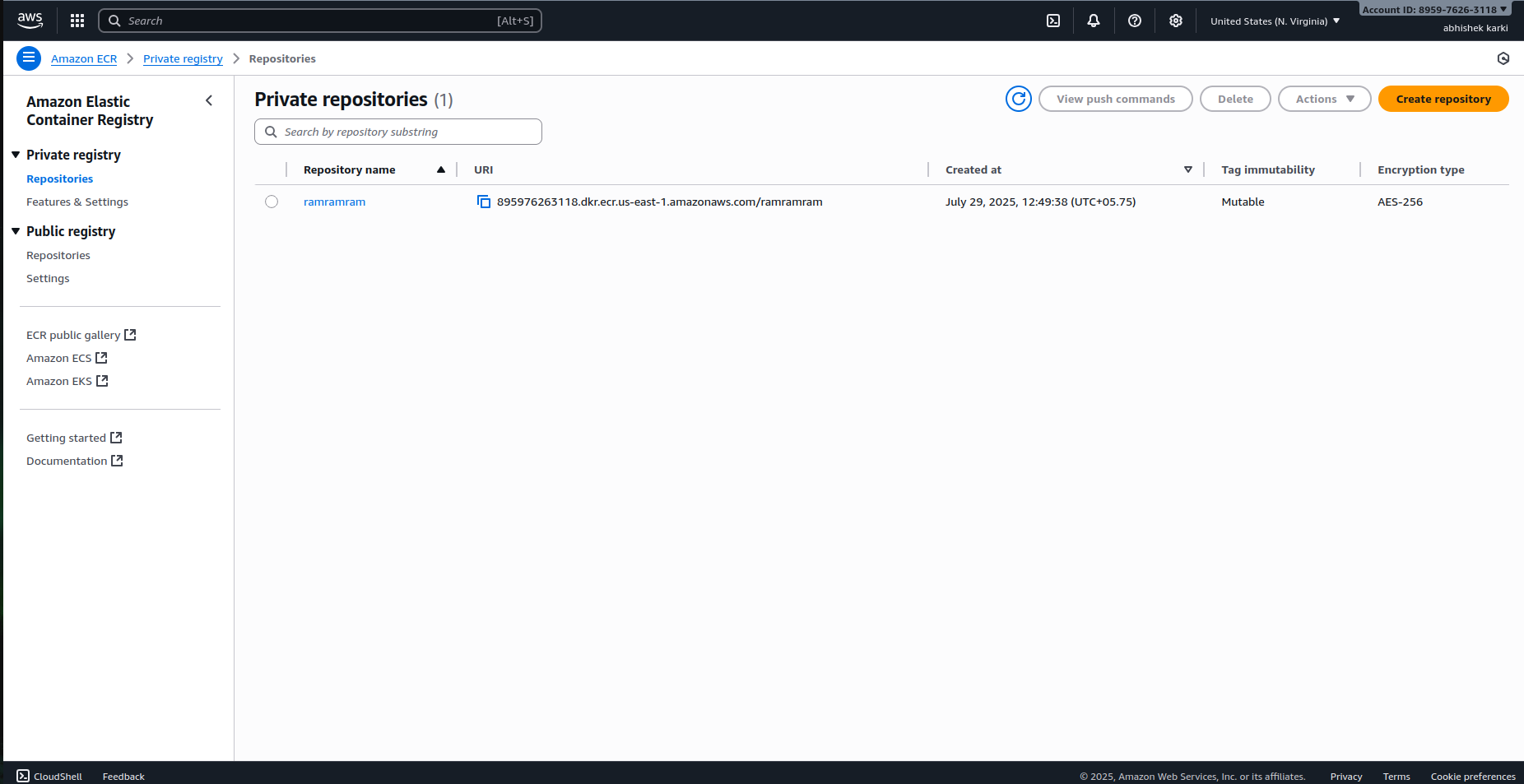  Amazon ECR repository with successfully pushed Node.js container